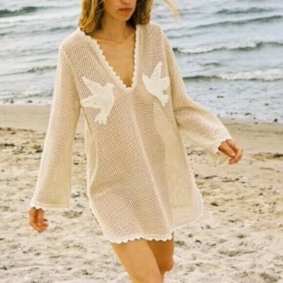 NEW Sea New York Sally Crochet Mini Dress Cover Up Beige Tan | XS - Picture 3 of 10